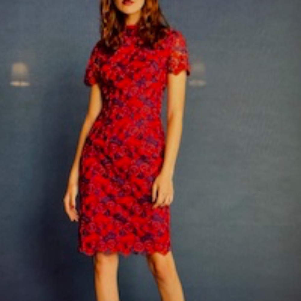 NWT!  From Neiman Marcus, TRINA TURK Floral Red/Purple lace dress, Size 8, $378